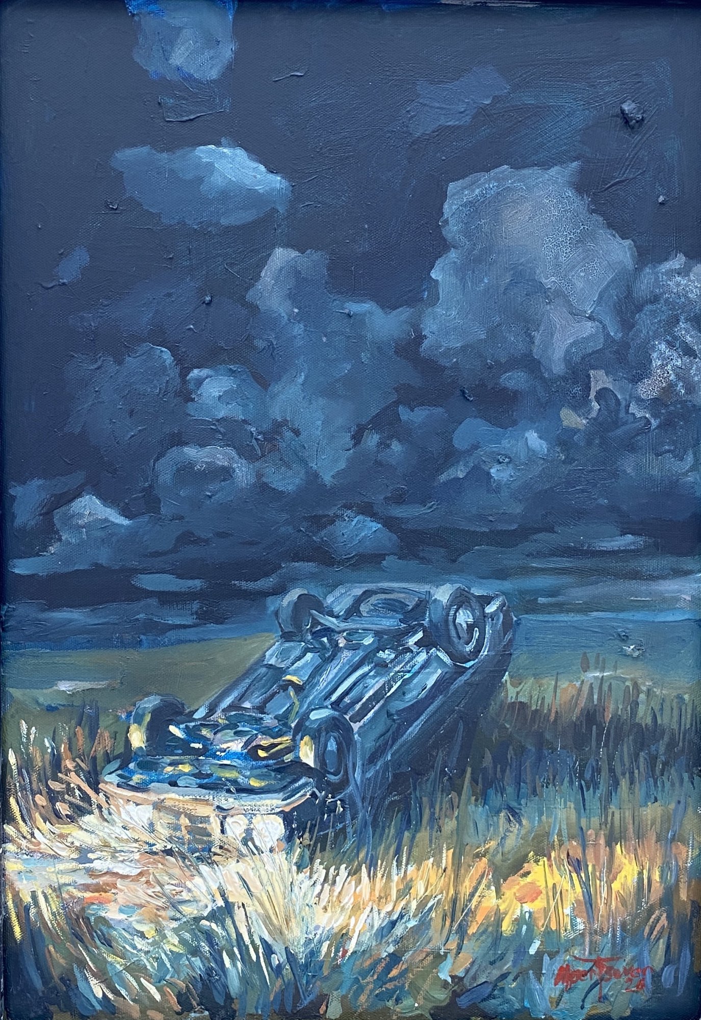 Alper F Seven, Night Landscape (Overturned Mercedes)